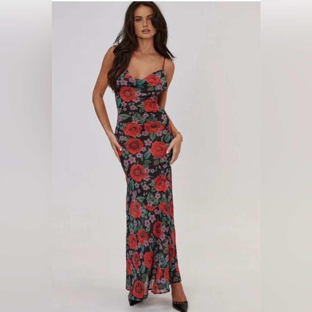 Commense Red Rose Elegant Floral Maxi Dress Spaghetti‎ Strap Print size Small